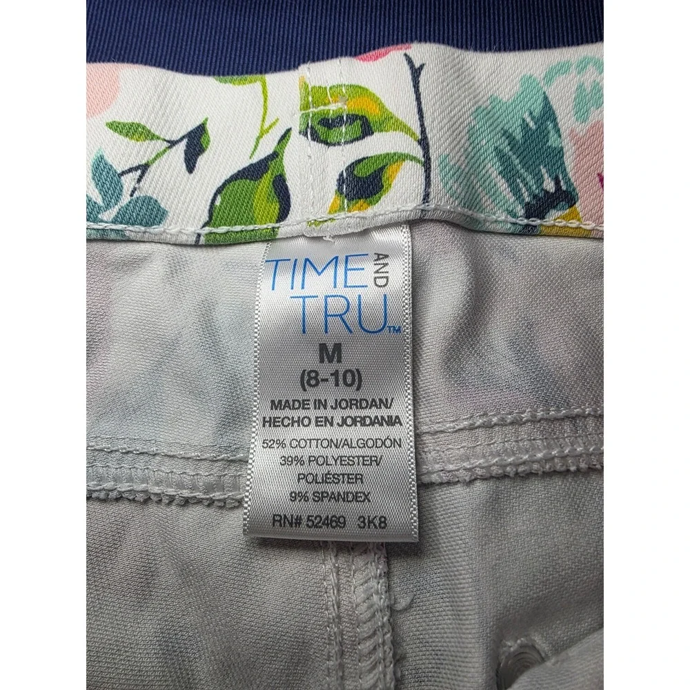 Time & Tru Women's Floral Stretch Pants White Pink Teal Slim Cropped Size M 8-10 - Picture 6 of 8